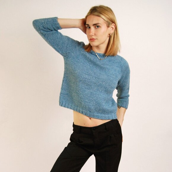 60s Knit Sweater (S) blue vintage wool small minimalist crop plain basic preppy - Picture 1 of 7